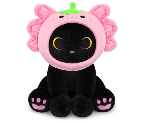 Peluche chat noir axolotl à capuche fraise animal en peluche