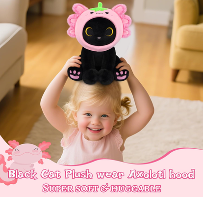 Peluche chat noir axolotl à capuche fraise animal en peluche