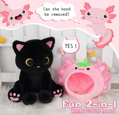 Peluche chat noir axolotl à capuche fraise animal en peluche