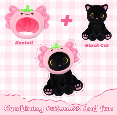 Peluche chat noir axolotl à capuche fraise animal en peluche