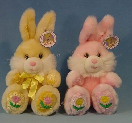 Longs jouets bourrés de lapins de Pâques de peluche de cheveux petits, jaune/rose/bleu