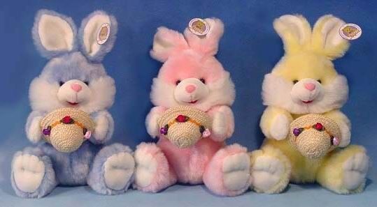 Longs jouets bourrés de lapins de Pâques de peluche de cheveux petits, jaune/rose/bleu